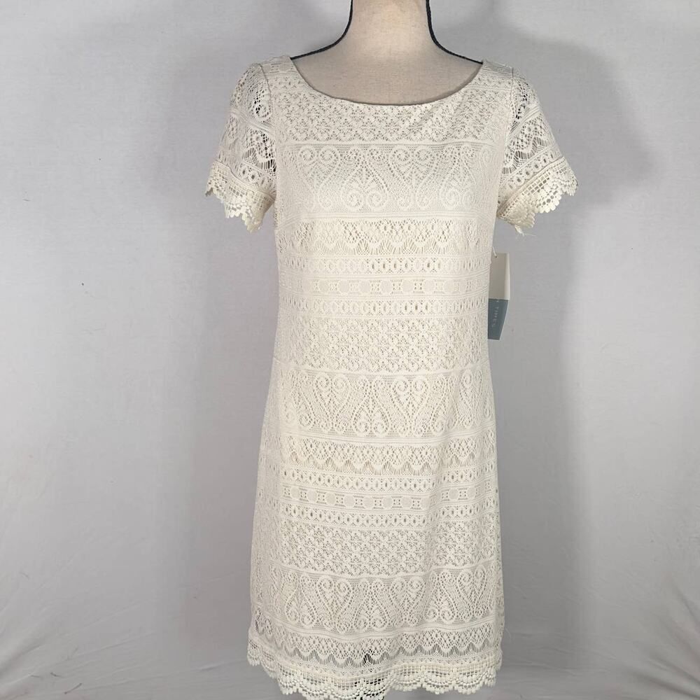 London Times Mini Dress Women's Size 4 Ivory Lace Crochet Short Sleeves NWT